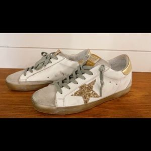 Golden Goose Deluxe Brand White Superstar Distressed Glittered Leather Sneakers